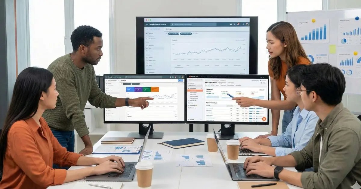 Equipe de especialistas em SEO analisando dados de performance em múltiplos monitores